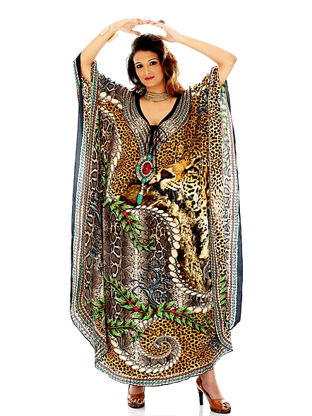 Full-Length Printed Kaftan Dress with Wide Sleeves and V-Neck Tie Front Resort Wear Garment thumbnail
