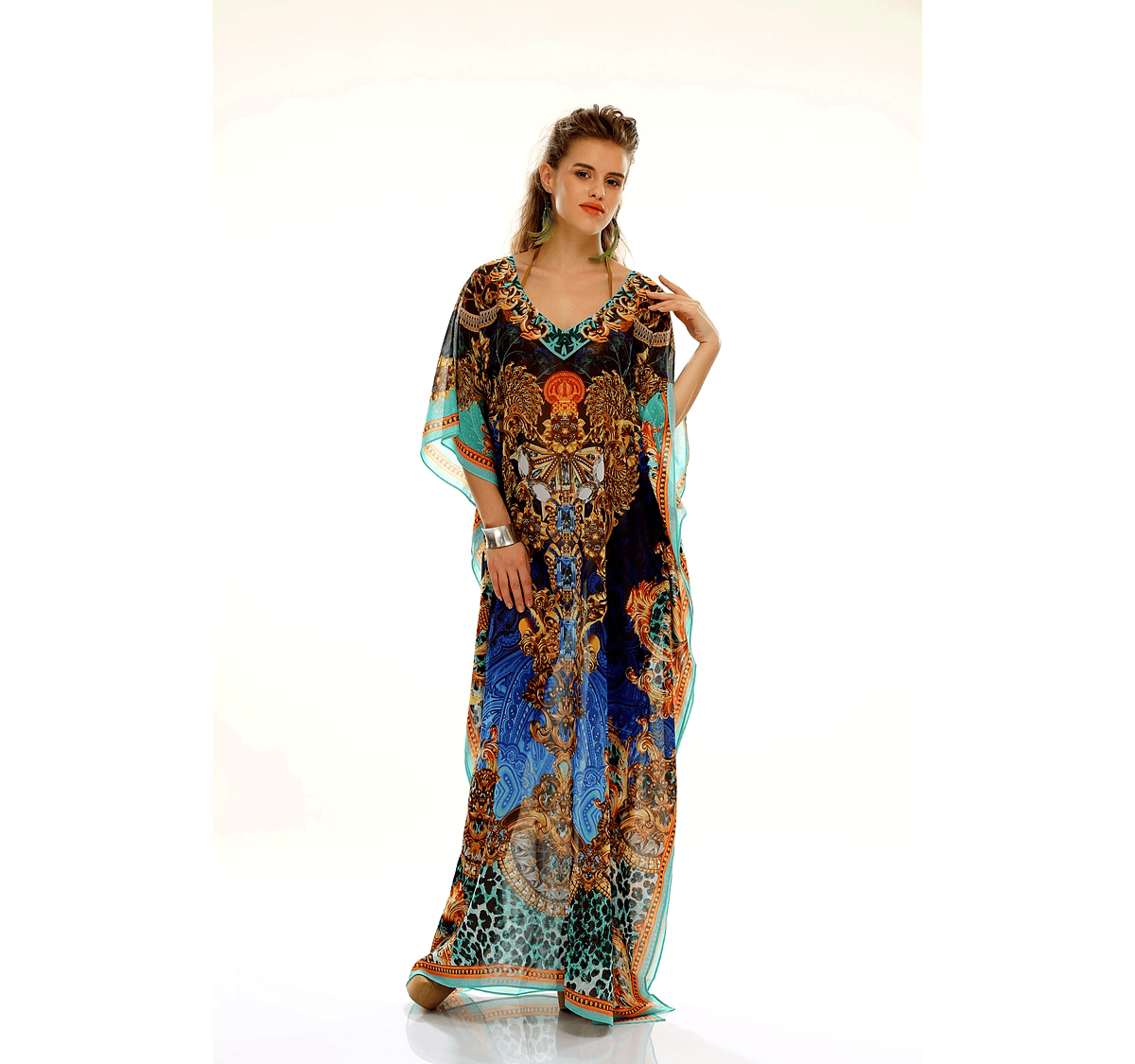 Full-Length Animal Print Kaftan Dress with Wide Sleeves and V-Neck Tie Front Resort Wear Garment thumbnail