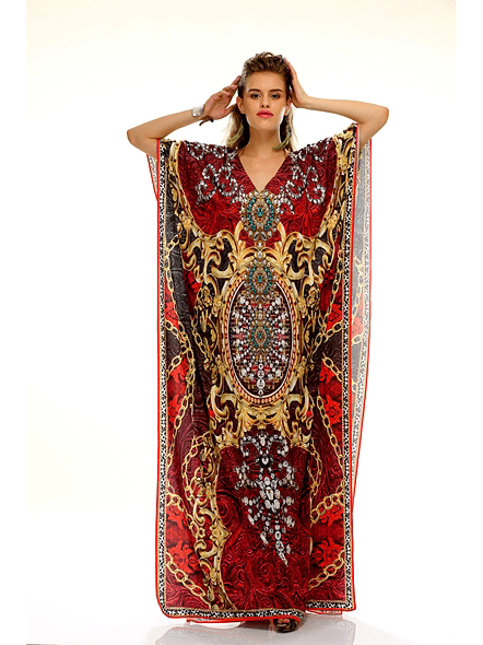 Full-Length Ornamental Print Kaftan Dress with Wide Sleeves and V-Neck Resort Wear Garment thumbnail