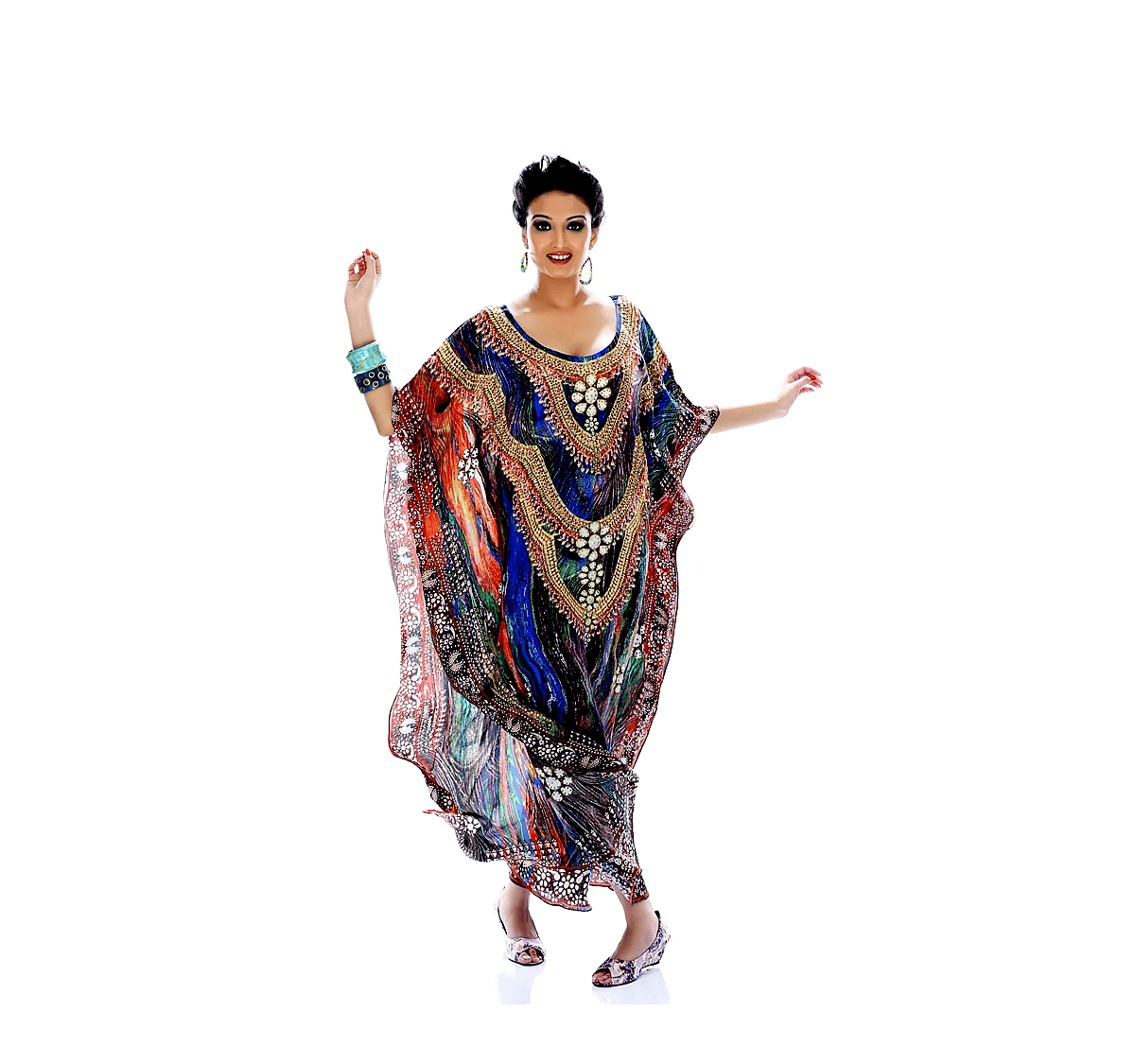 Full-Length Multicolor Printed Kaftan Dress with Wide Sleeves and Decorative Neckline Resort Wear