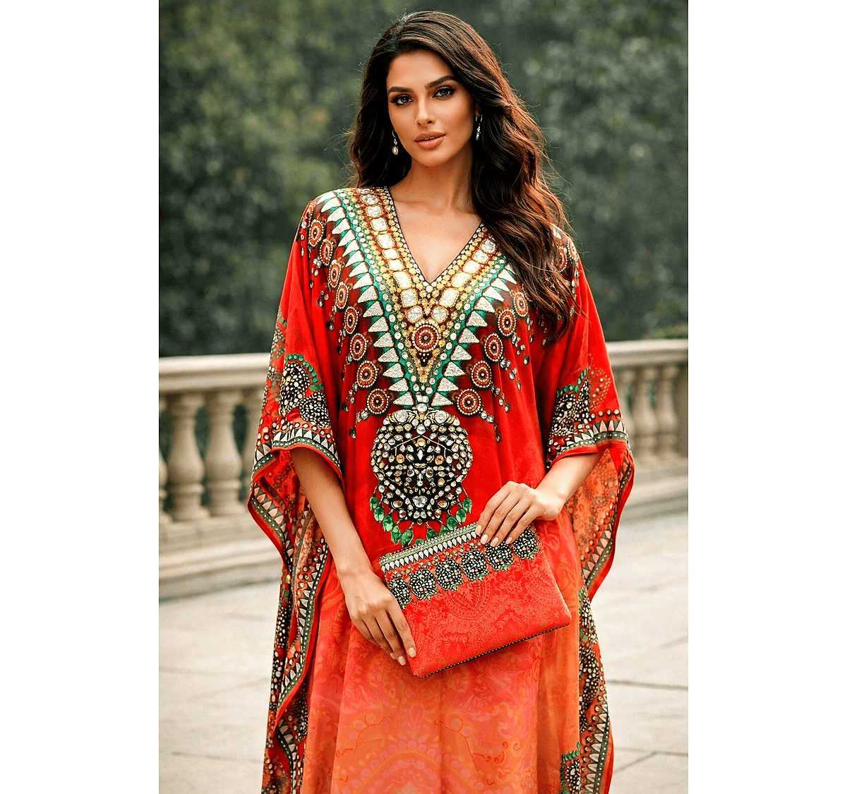 Multicolor Gradient Printed Kaftan Dress with Wide Sleeves and V-Neck Ornamental Resort Wear thumbnail