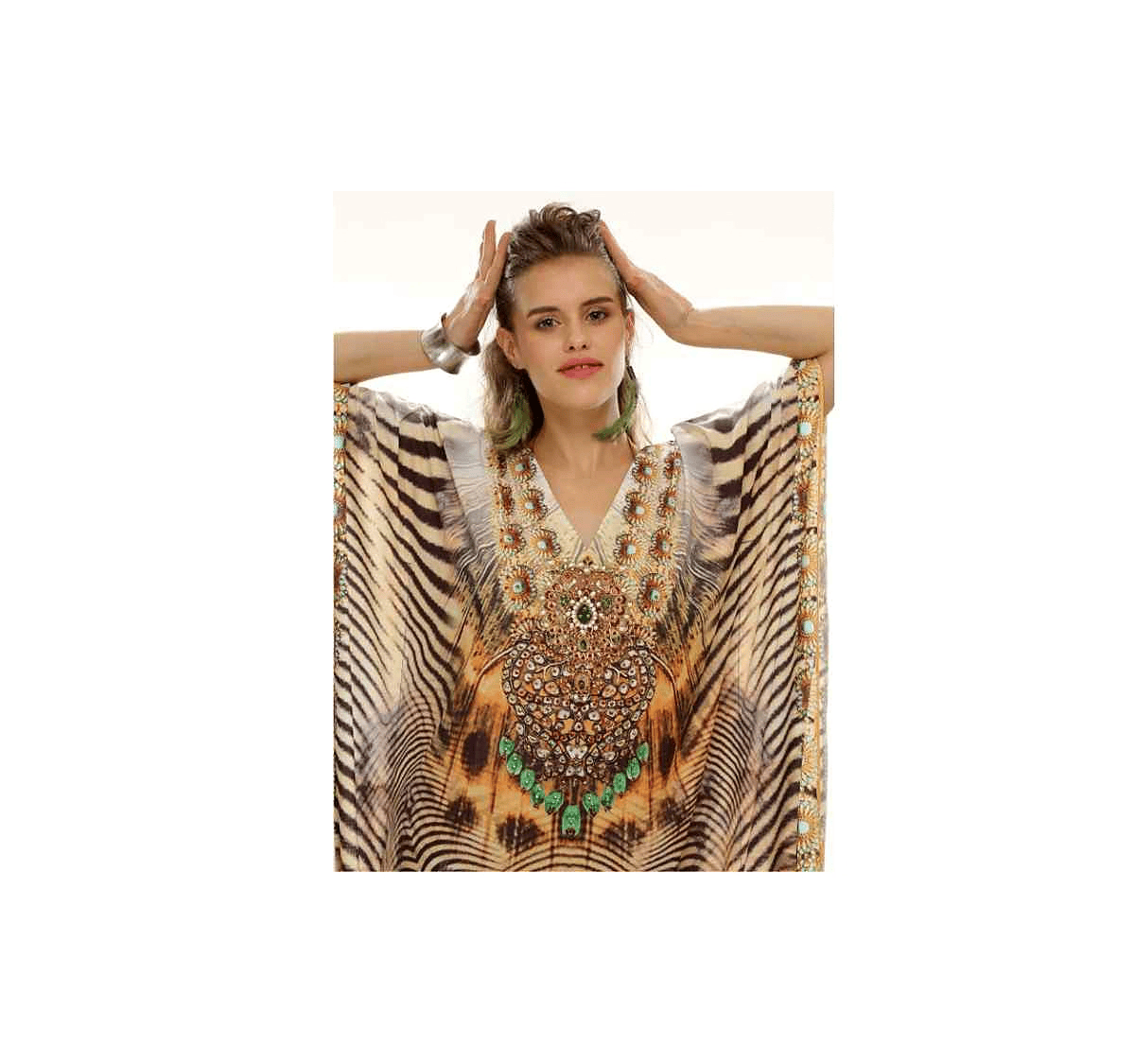 Vibrant Womens Kaftan Tribal Print Summer Beach Dress Georgette Lightweight Free Size Comfortable and Elegant Sexiness Design @ Printed Kaftan Dress thumbnail