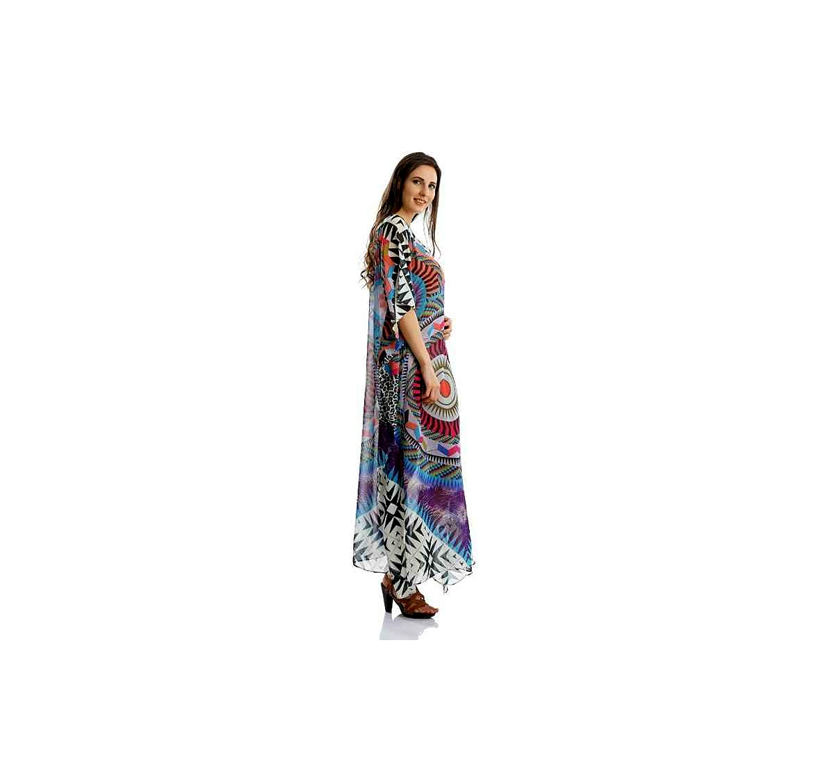 Elegant Lightweight Georgette Tribal Kaftan Maxi Dress for Women Free Size Loose Fit Comfortable Summer Beach Resort Wear @ Printed Kaftan Dress thumbnail