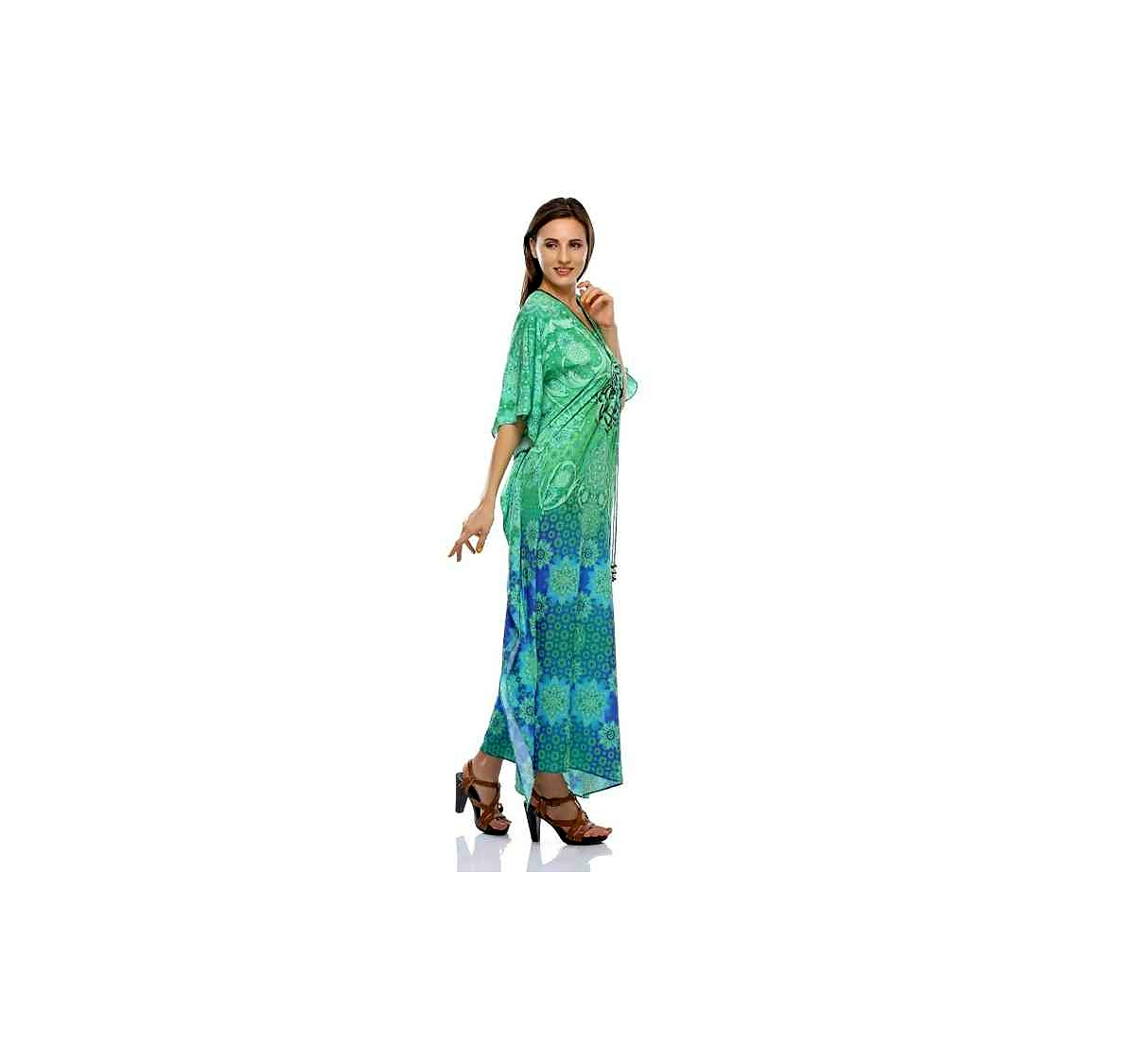 Stylish Tribal Print Georgette Kaftan Maxi Dress Free Size Lightweight Womens Loose Fit Outfit for Daily Vacation Wear @ Printed Kaftan Dress thumbnail