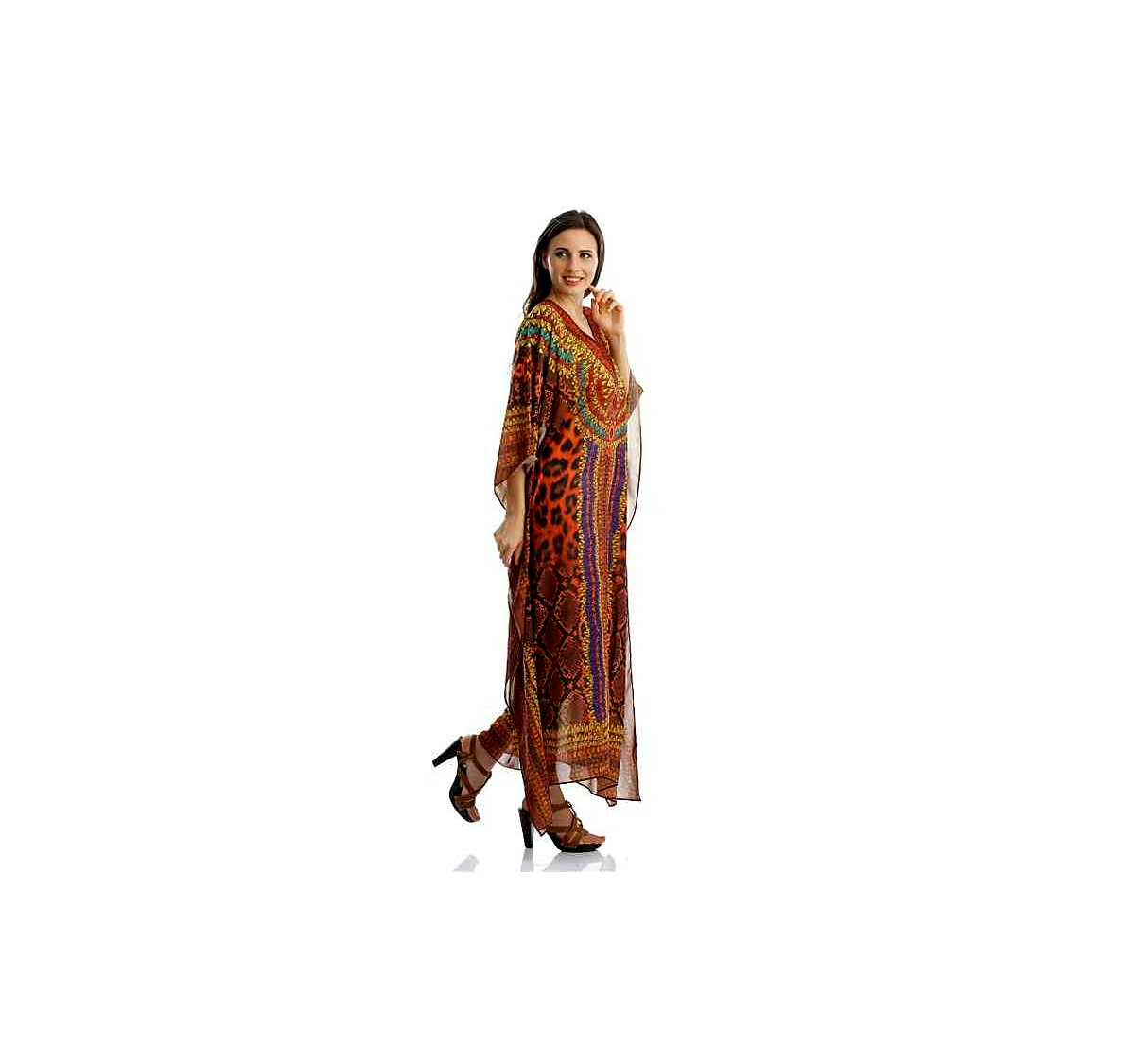 Vibrant Georgette Tribal Print Kaftan Maxi Dress for Women Lightweight Free Size Loose Fit Summer Beach Vacation Wear Outfit @ Printed Kaftan Dress thumbnail