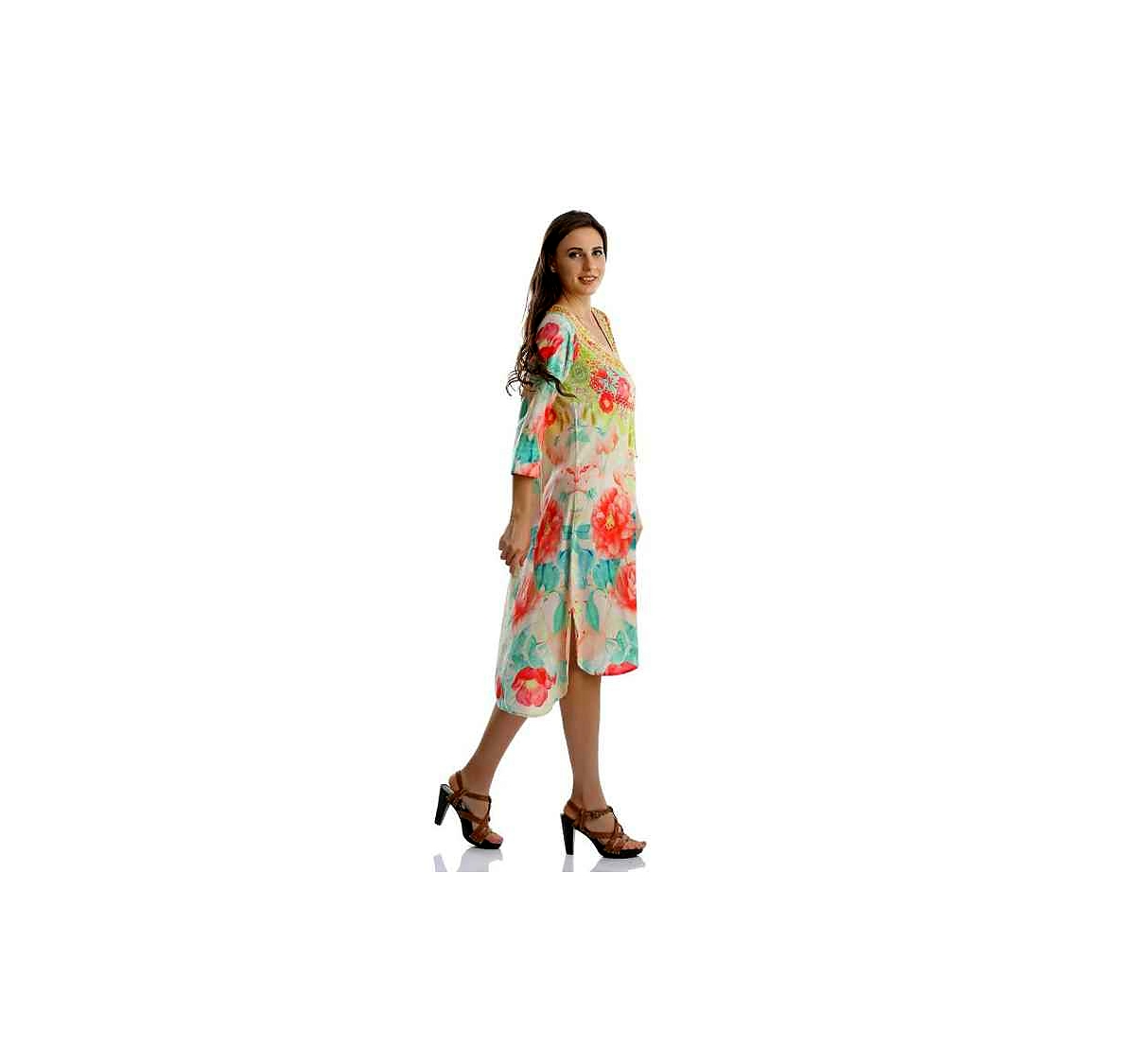 Comfortable Stylish Georgette Womens Kaftan Maxi Dress Free Size Loose Fit Vibrant Digital Tribal Print for Summer Vacation Wear @ Printed Kaftan Dress thumbnail