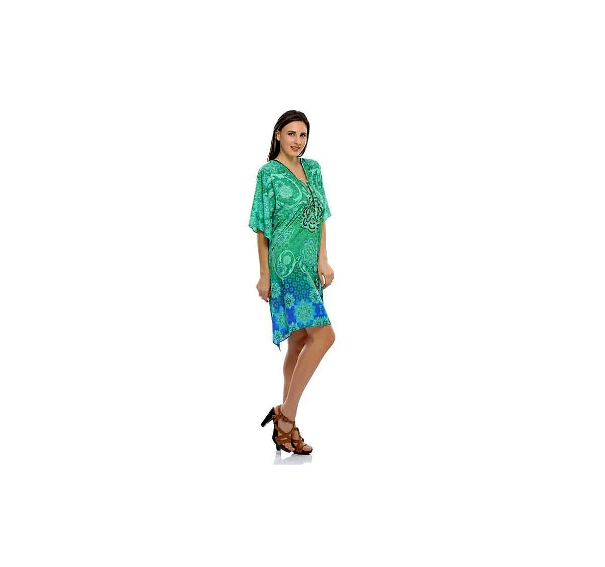Lightweight Womens Georgette Maxi Kaftan Stylish Loose Fit Digital Tribal Print Free Size Summer Beach Vacation Party Wear Dress @ Printed Kaftan Dress thumbnail
