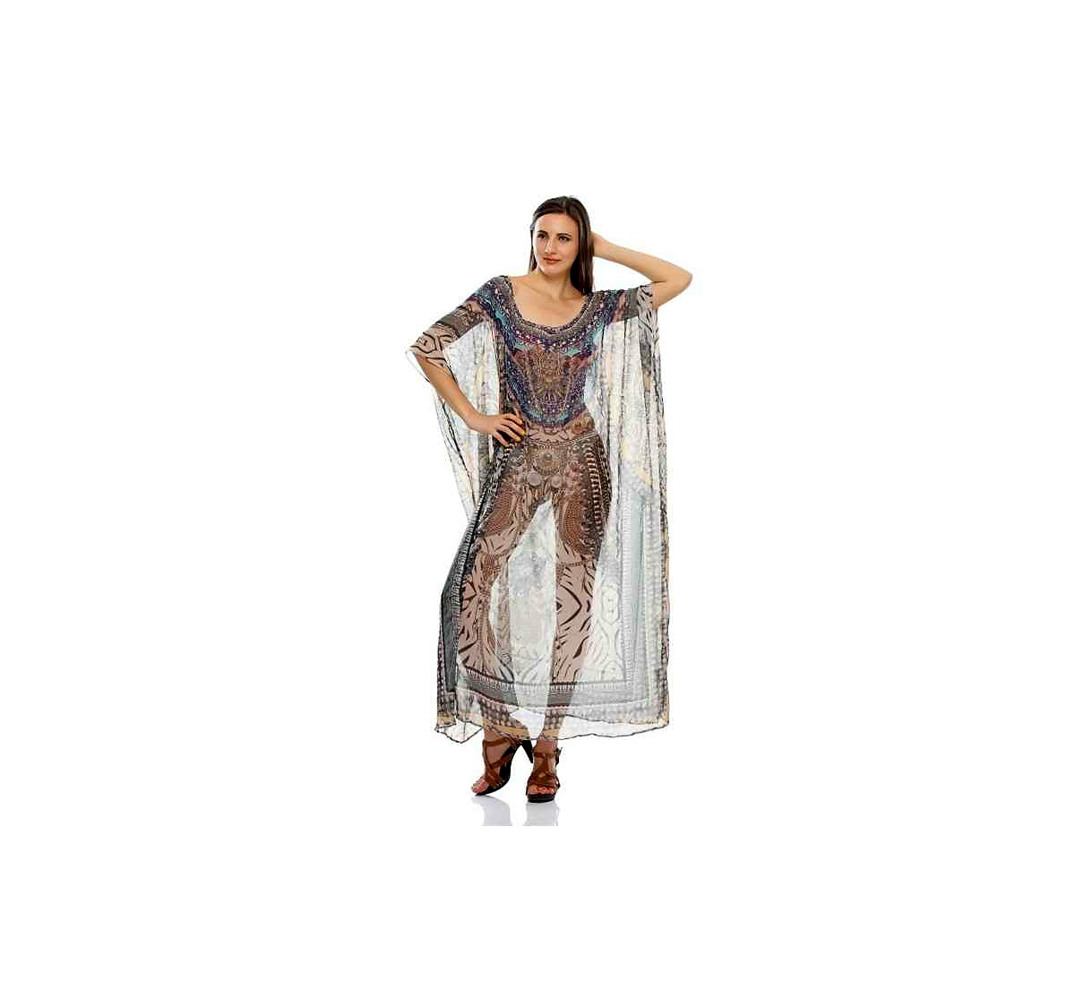 Vibrant Women's Lightweight Georgette Tribal Maxi Kaftan Dress Loose Fit Comfortable Free Size Great Summer Outfit on Sale @ Printed Kaftan Dress thumbnail