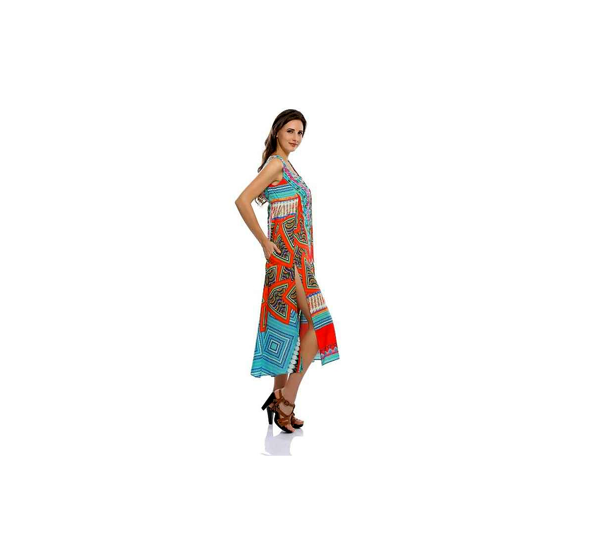Elegant Lightweight Womens Maxi Kaftan Tribal Prints Free Size Georgette Loose Fit Beach Party Summer and Vacation Wear for Sale @ Printed Kaftan Dress thumbnail