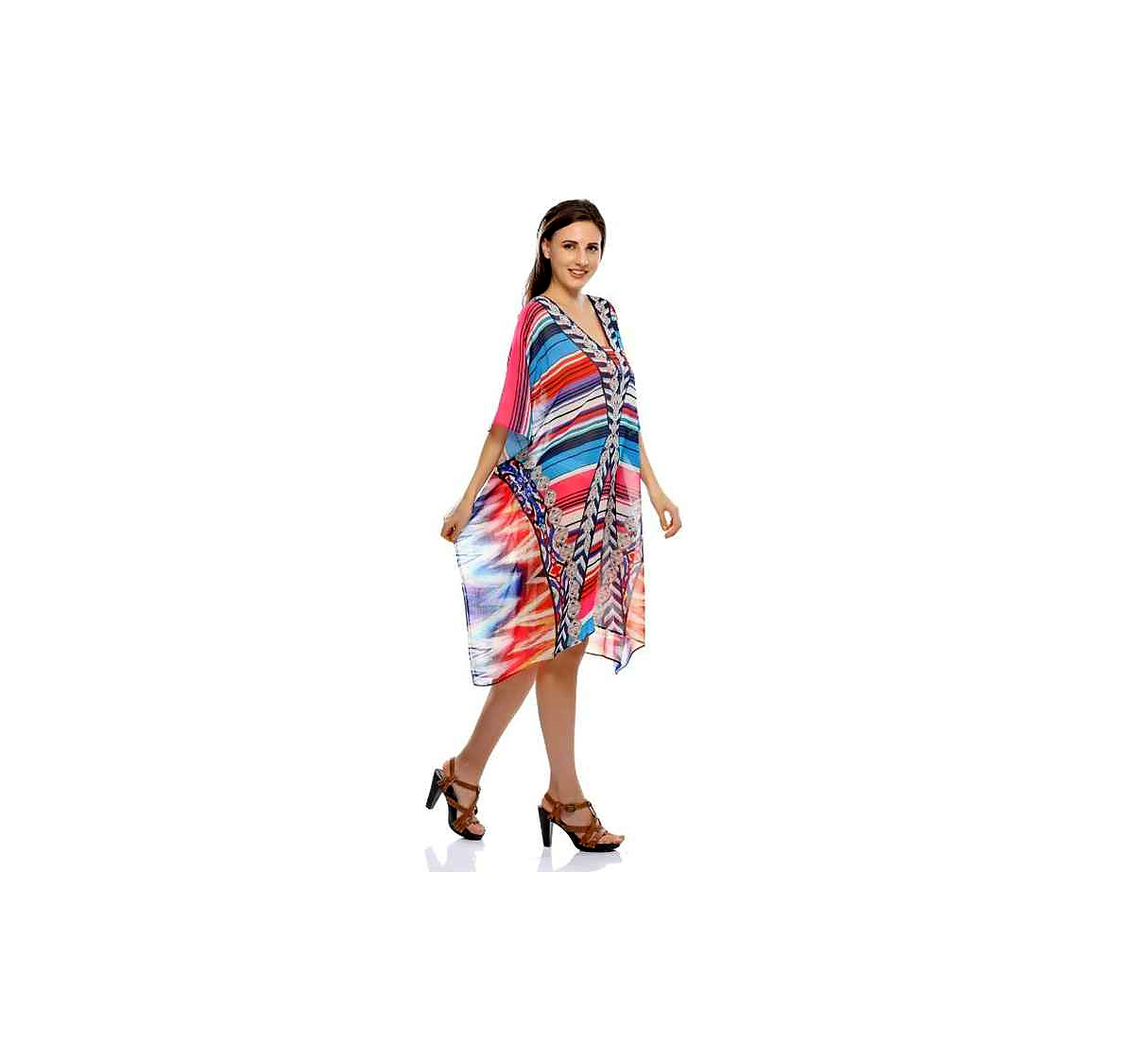 Womens Lightweight Georgette Maxi Kaftan Vibrant Tribal Print Loose Fit Free Size Summer Vacation Resort Beach Wear Dress Sale @ Printed Kaftan Dress thumbnail