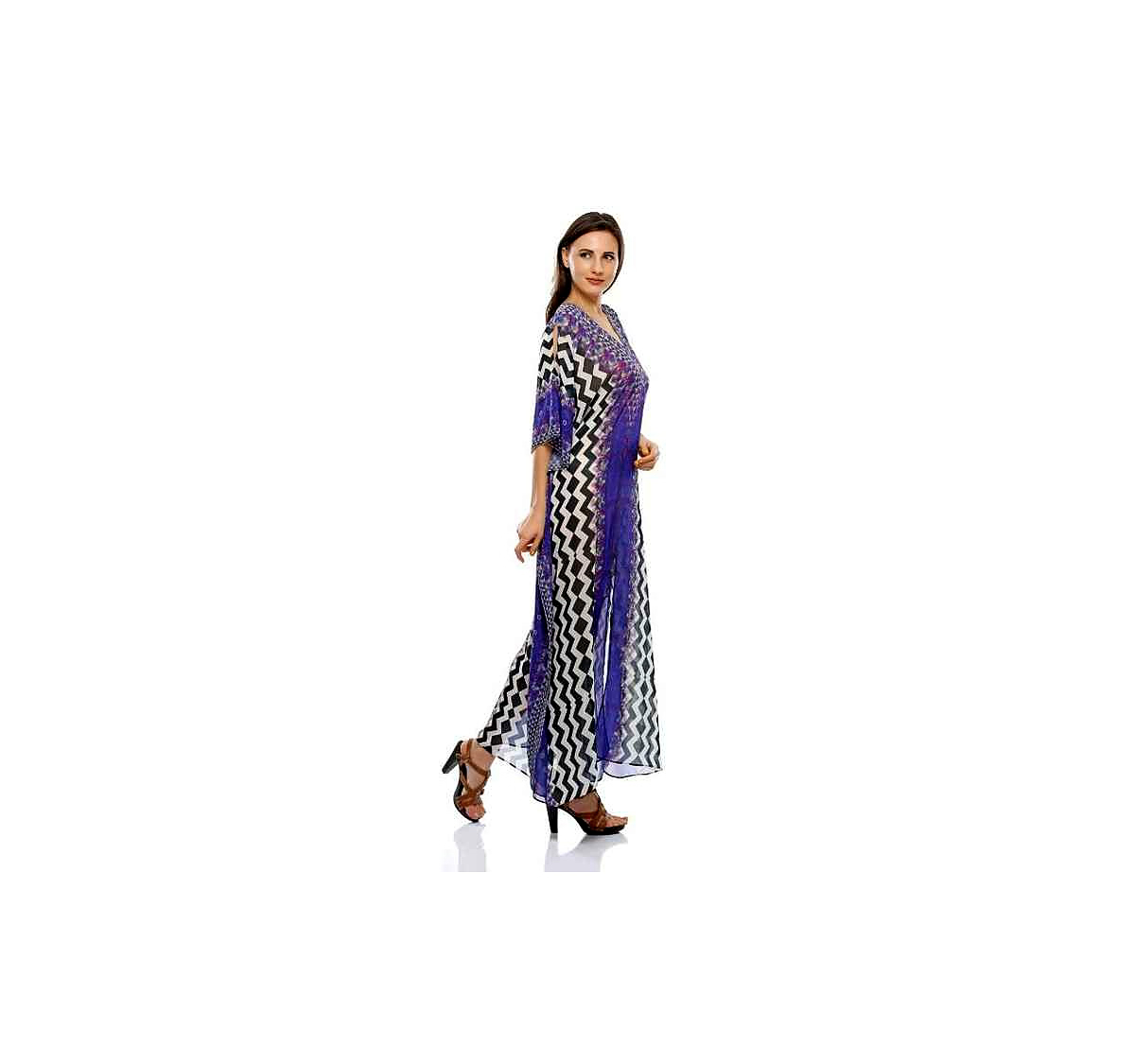 Lightweight Vibrant Womens Maxi Kaftan Dress Tribal Prints Free Size Georgette Loose Fit Summer Beach Resort and Party for Sale @ Printed Kaftan Dress thumbnail