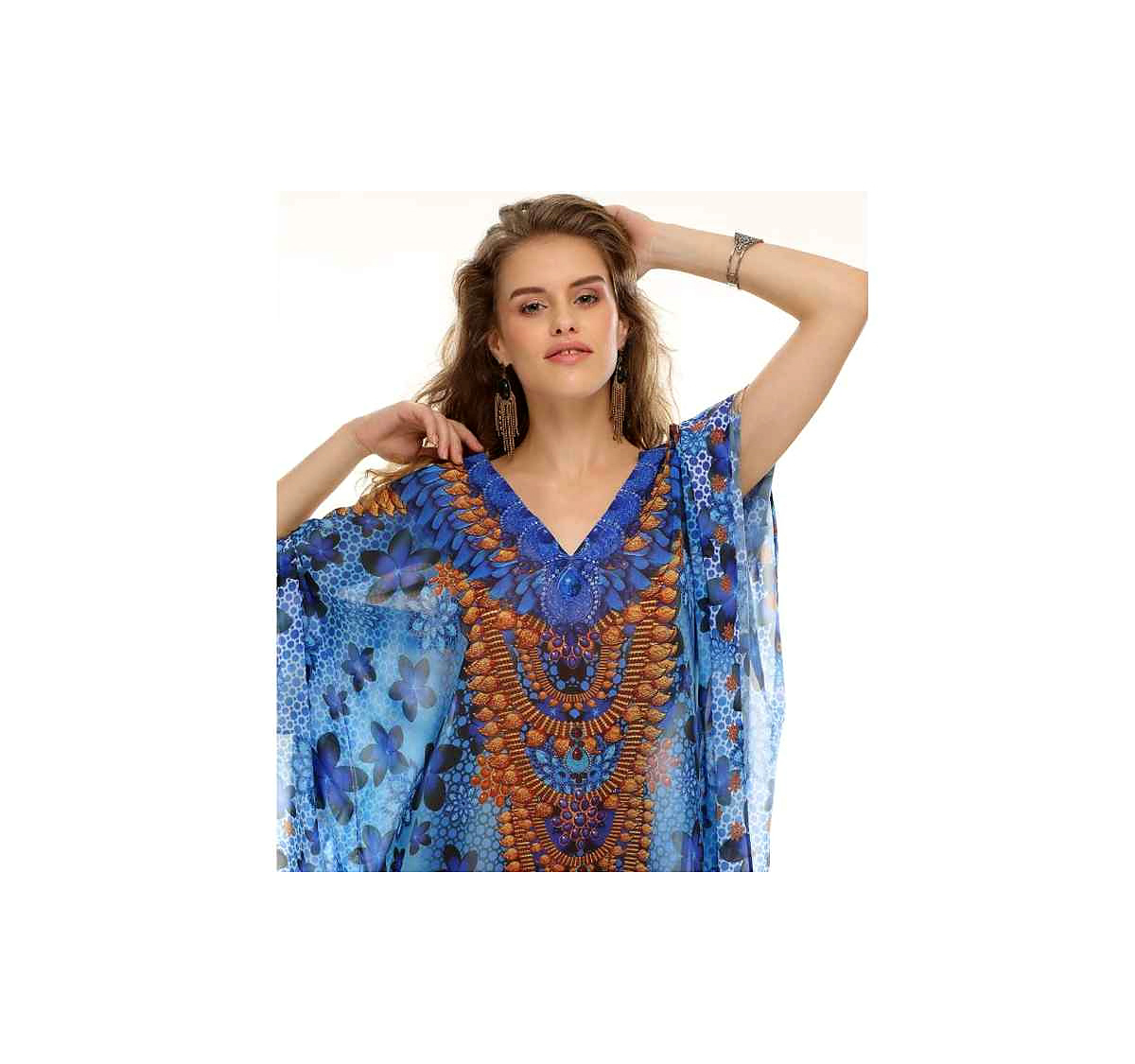High Quality Lightweight Tribal Print Georgette Kaftan Maxi Dress for Women Free Size Comfortable Sexiness Beach One-Piece @ Printed Kaftan Dress thumbnail