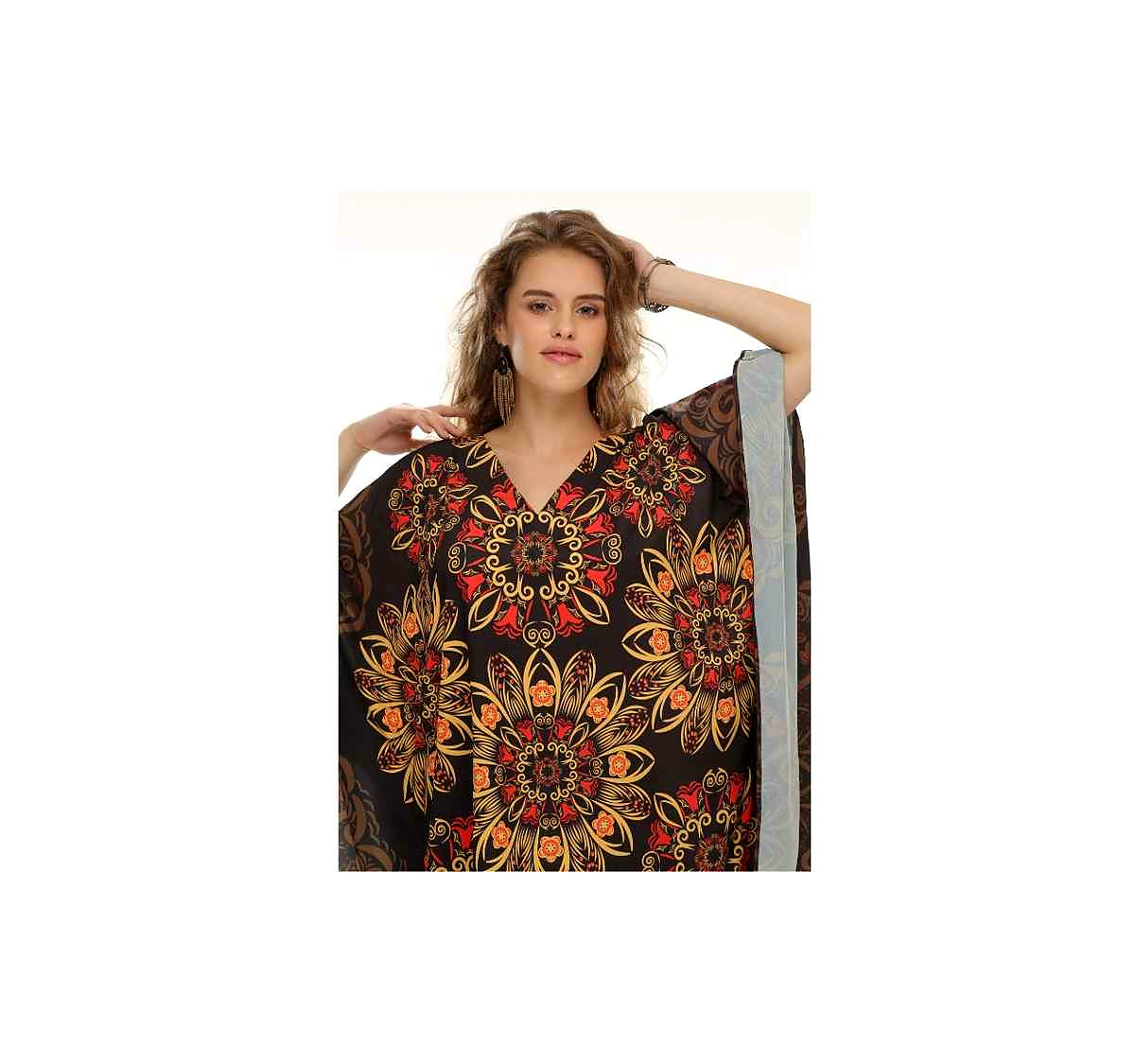 High Quality Womens Kaftan Maxi Dress Beautiful Georgette Tribal Print Loose Fit Summer Beachwear Sexiness Free Size One-Piece @ Printed Kaftan Dress thumbnail