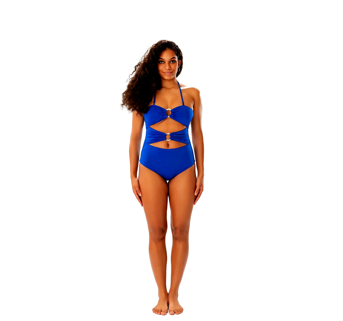 Blue Cut-Out One-Piece Swimsuit with Ring Detail Bandeau Halter Beachwear thumbnail