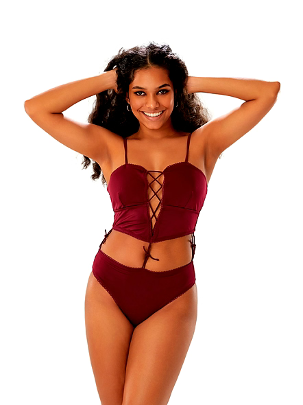 Burgundy Cut-Out One-Piece Swimsuit with Lace-Up Front and High-Cut Bottom Beachwear thumbnail