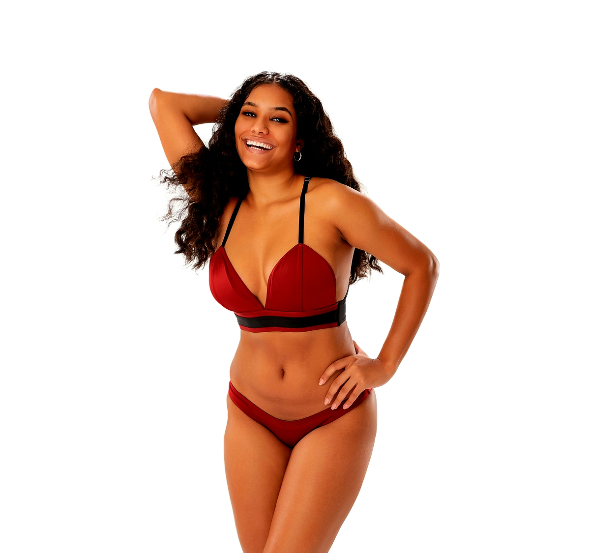 Burgundy and Black Two-Piece Bikini Set Bra-Style Top with Contrast Band Swimwear thumbnail