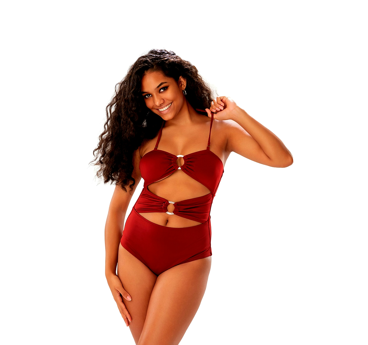 Burgundy Cut-Out One-Piece Swimsuit with Ring Detail Bandeau Halter Beachwear thumbnail