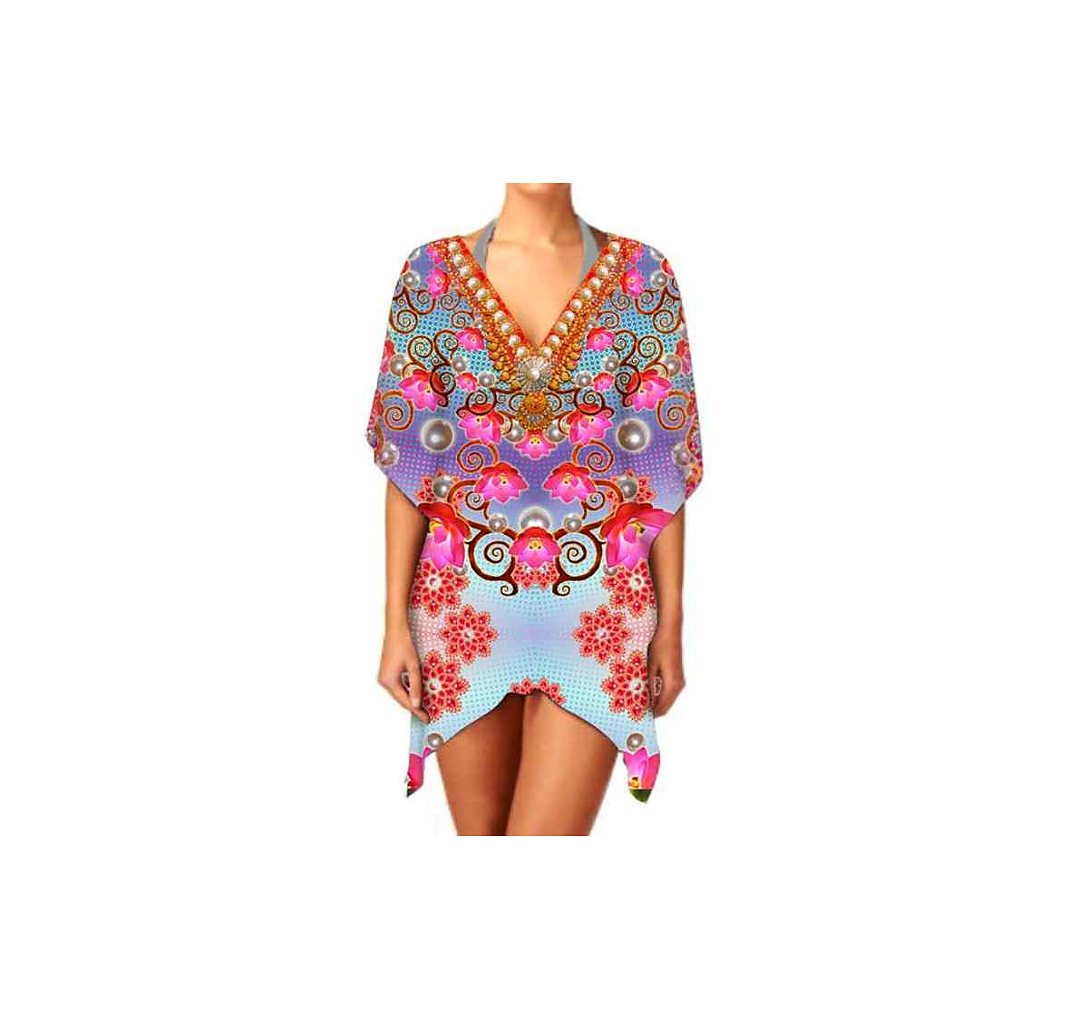 Comfortable Loose Fit Women's Summer Kaftan Dress V-Neck Casual Outfit Lightweight Breathable Fabric Digital Exuding Sexiness @ Short Length Kaftan thumbnail