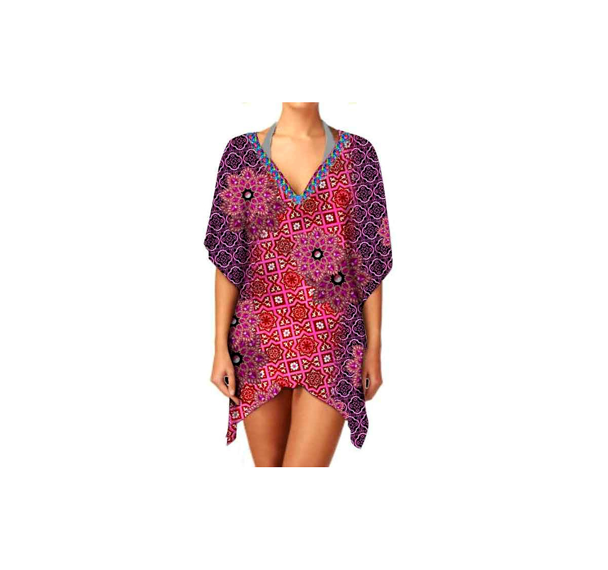 Women's Summer Casual Beachwear Kaftan Dress Short-Sleeved Soft Breathable Fabric V-Neckline Digital Printing Bikini Style @ Short Length Kaftan thumbnail