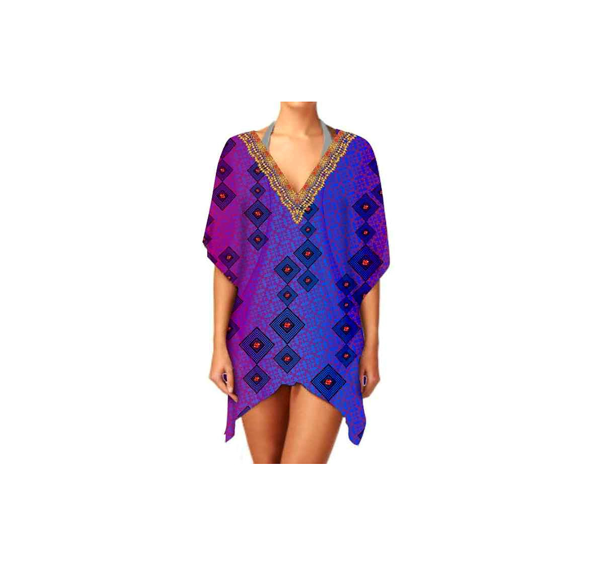 Elegant Stylish Women's V-Neck Short Kaftan Dress Breathable Fabric One-Piece Summer Beachwear for Casual Wear and Outings @ Short Length Kaftan thumbnail