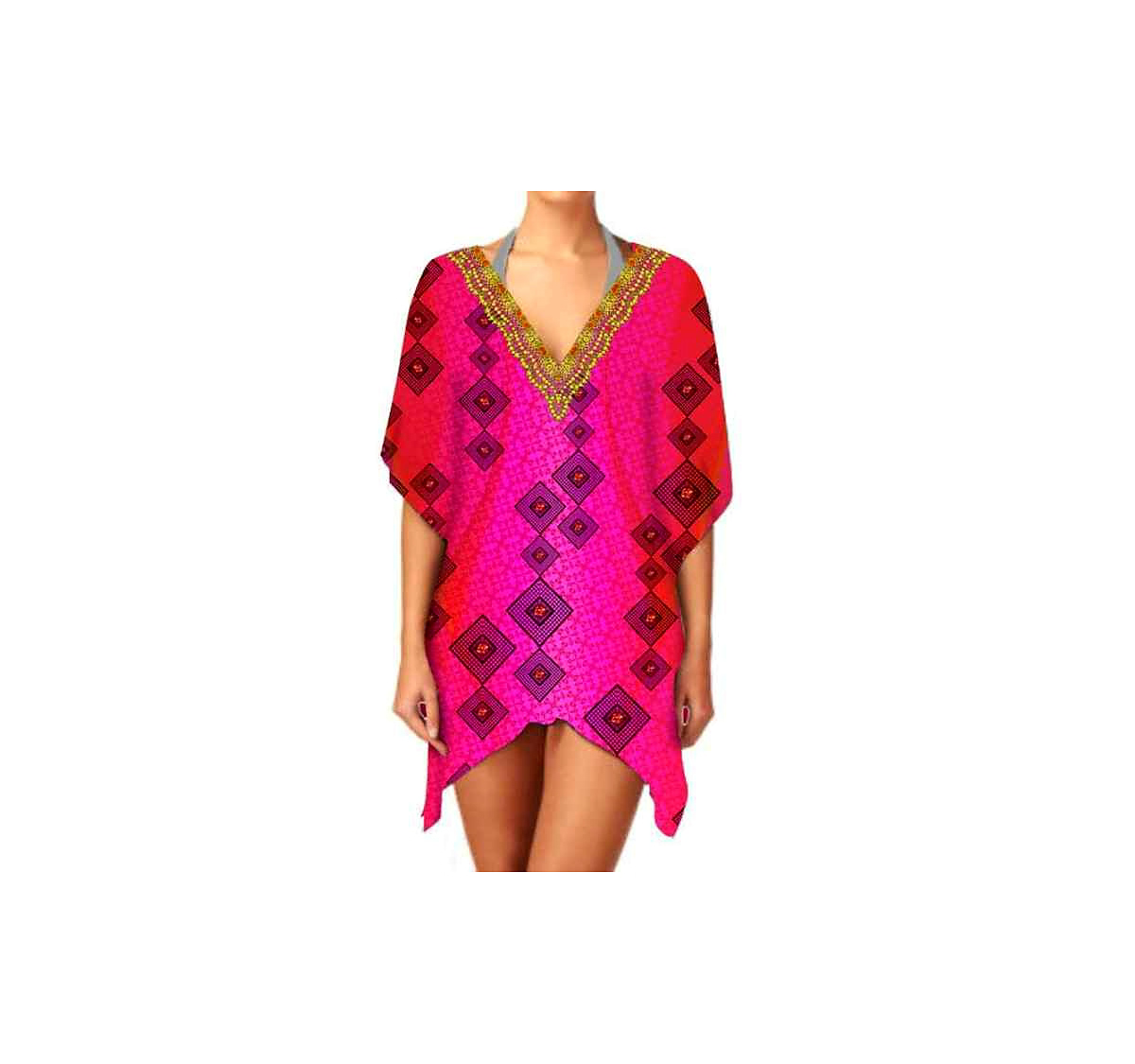 Ladies Summer Casual Trendy Kaftan Dress Comfortable Soft Lightweight One-Piece V-Neck Short Length Wear Enhanced Sexiness @ Short Length Kaftan thumbnail