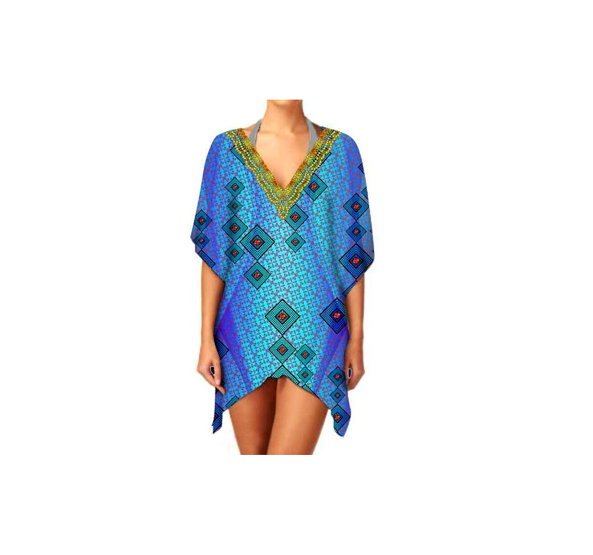Stylish Casual Women's Short Kaftan Dress Lightweight and Breathable Fabric V-Neck for Summer Beach Outings Digital Printed @ Short Length Kaftan thumbnail