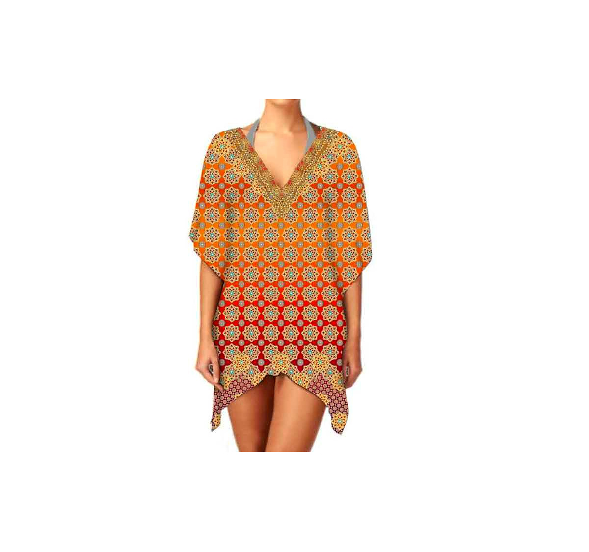Women's Comfortable Loose Fit Short Kaftan Dress Soft and Lightweight Fabric for Summer Casual Wear V-Neck Digital Printing @ Short Length Kaftan thumbnail