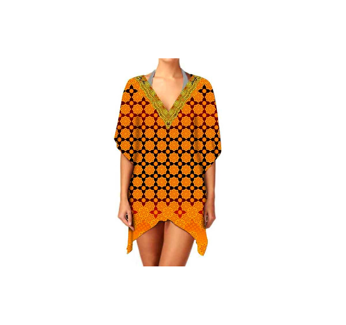 Stylish Women's V-Neck Short Kaftan Dress Breathable Lightweight Fabric Digital Printing for Summer Beachwear and Daily Wear @ Short Length Kaftan thumbnail