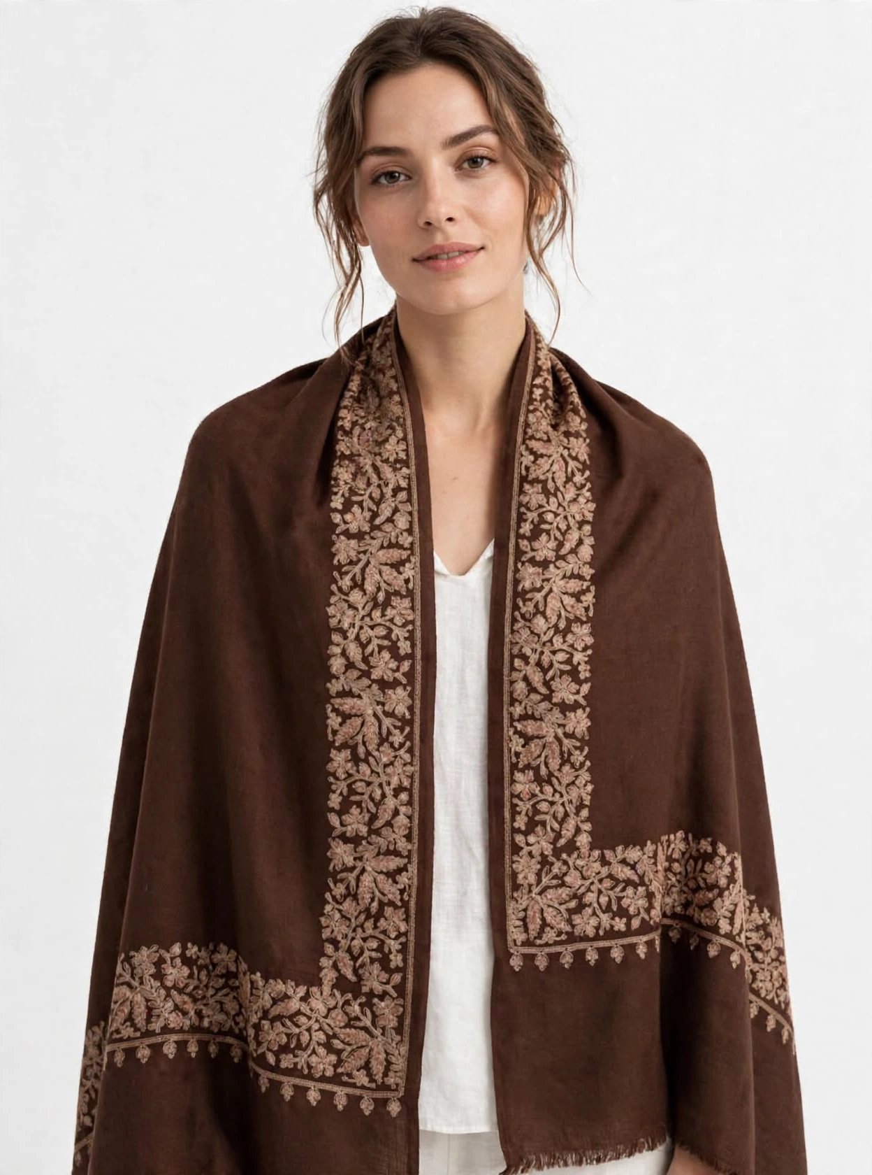 Chocolate Brown Floral Border Rich chocolate-brown Pashmina with refined ivory and beige floral hand embroidery, creating an elegant heritage