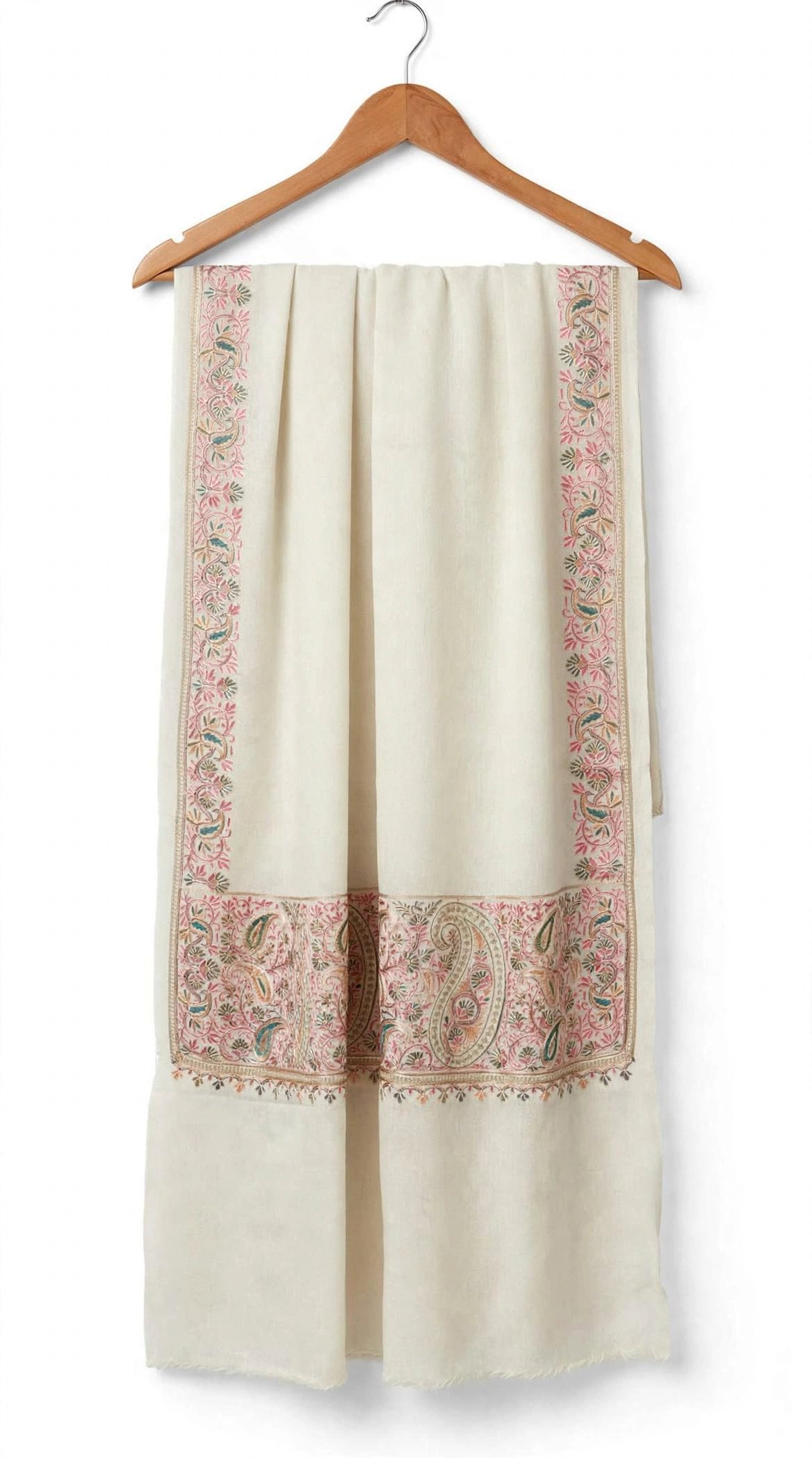 Ivory Paisley Floral Border Natural ivory Pashmina enriched with multicolour floral and paisley hand embroidery in soft pink, blue and green thumbnail