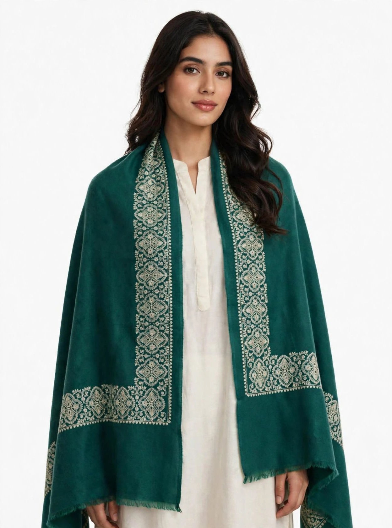 Deep Teal Heritage Floral Border Deep teal Pashmina with an elegant ivory and pale-grey hand-embroidered heritage border, creating a refined
