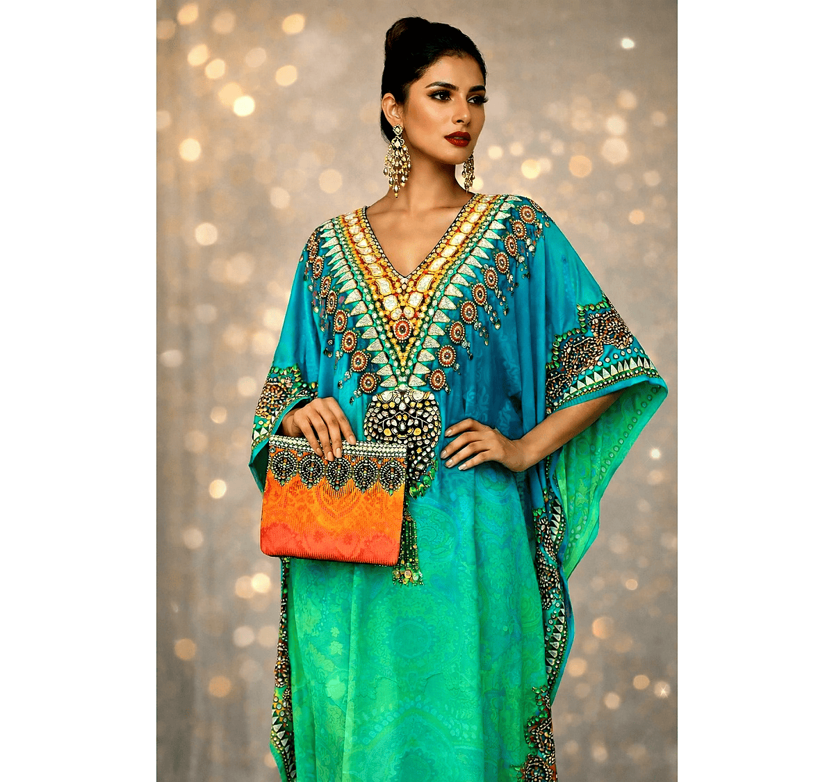 Multicolor Gradient Kaftan Dress with Wide Sleeves and Ornamental V-Neck Resort Wear Garment