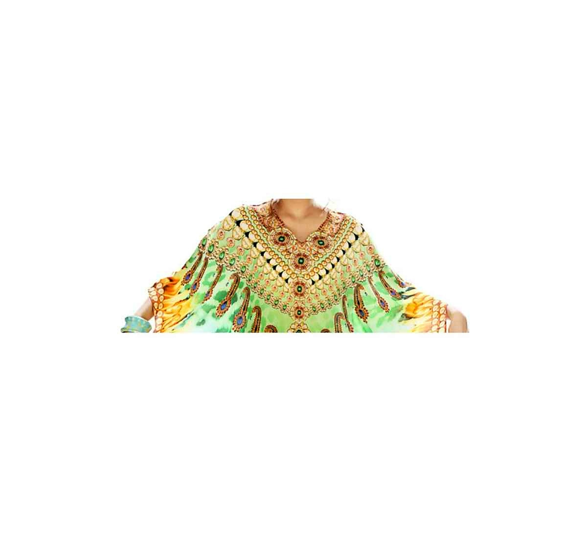 Elegant Womens Printed Kaftan Dress Vibrant Tribal Design Georgette Free Size Loose Fit Comfortable Sexiness Summer Beachwear @ Printed Kaftan Dress