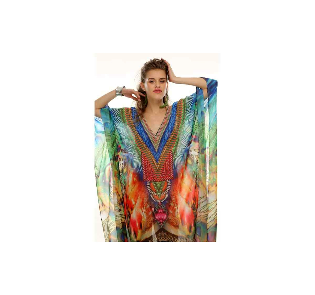 Womens Long Kaftan Dress Georgette Loose Fit Tribal Print One Size Perfect for Vacation Beachwear Sexiness Daily Outfits @ Printed Kaftan Dress