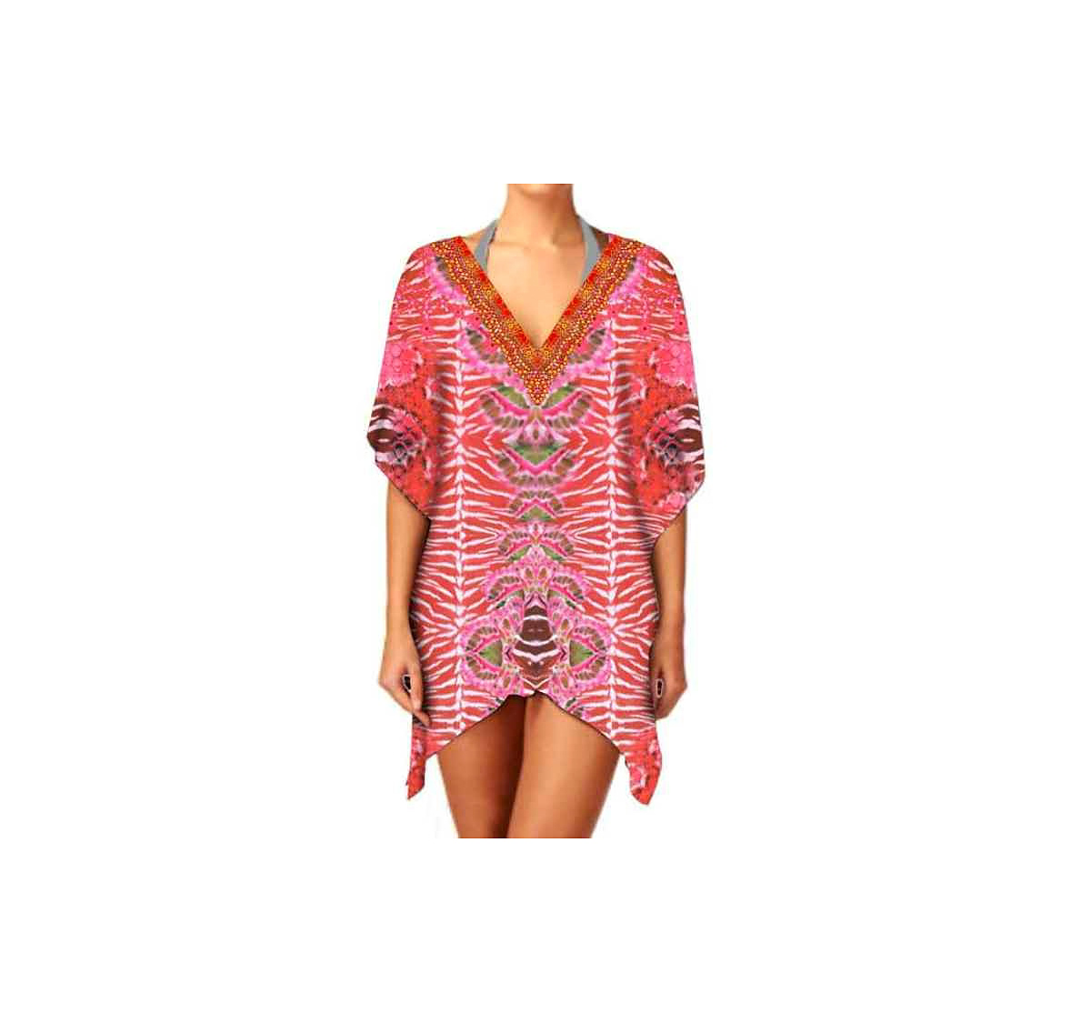 Stylish Comfortable Summer Short Kaftan Dress for Women Breathable Lightweight Fabric V-Neck Digital for Casual Beach Outings @ Short Length Kaftan