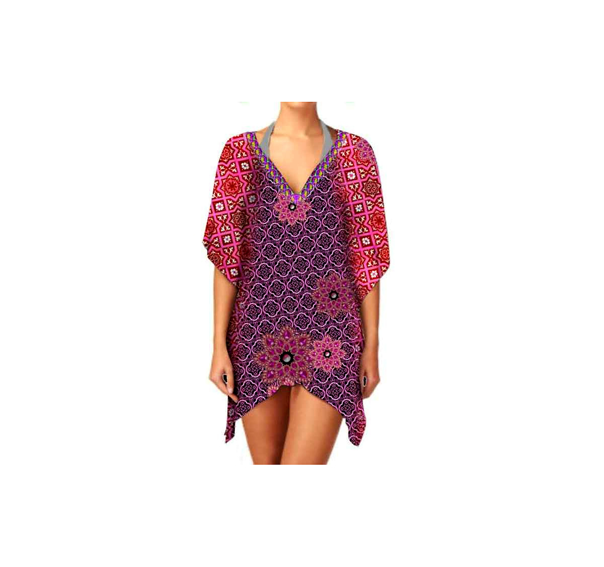Stylish Women's Summer Casual Kaftan Dress Comfortable Loose Fit with V-Neck Breathable Fabric Digital Printed for Beachwear @ Short Length Kaftan