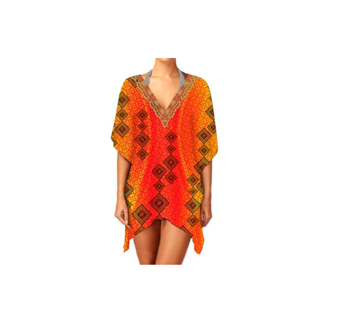 Women's Elegant V-Neck Kaftan Dress Fashionable Short Design Digital Printing Breathable Fabric Sexy One-Piece Summer Wear @ Short Length Kaftan