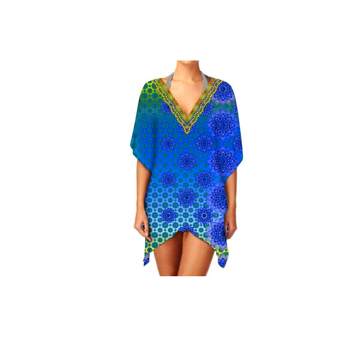 Elegant Stylish Women VNeck Short Kaftan Dress Breathable Fabric Casual Wear for Summer Outings Beachwear Digital Bikinis @ Short Length Kaftan