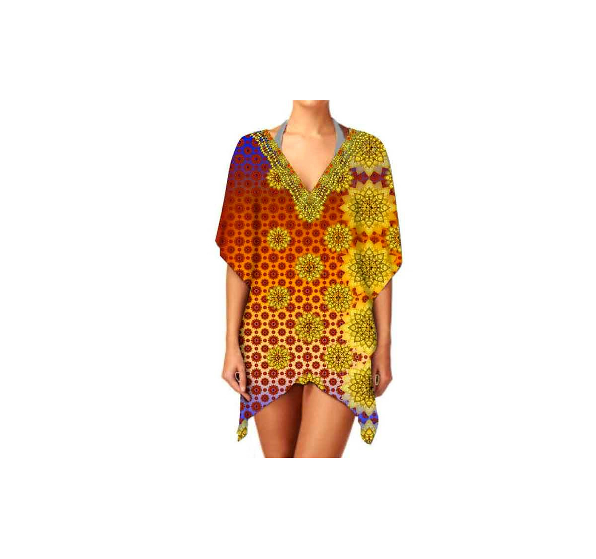 Stylish Casual Women's Summer Beach Outings Short Kaftan Dress One-Piece V-Neck Digital Printed Lightweight Breathable Fabric @ Short Length Kaftan