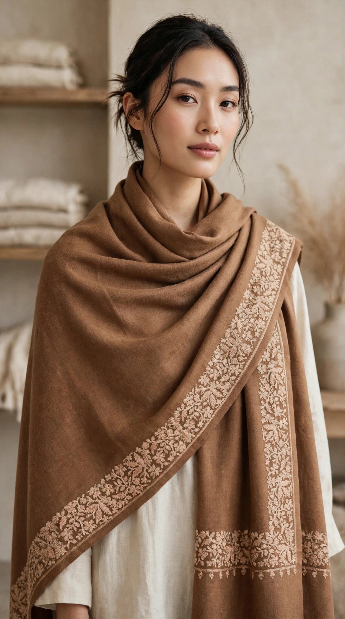 Camel Botanical Heritage Warm camel Pashmina detailed with delicate ivory and beige botanical hand embroidery, designed for understated