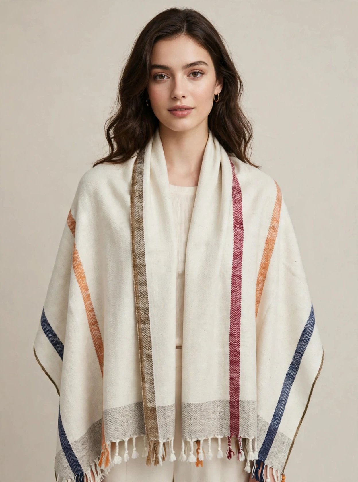 Himalayan Heritage Stripes Natural ivory Pashmina with refined rust, muted blue, taupe and charcoal heritage stripes
