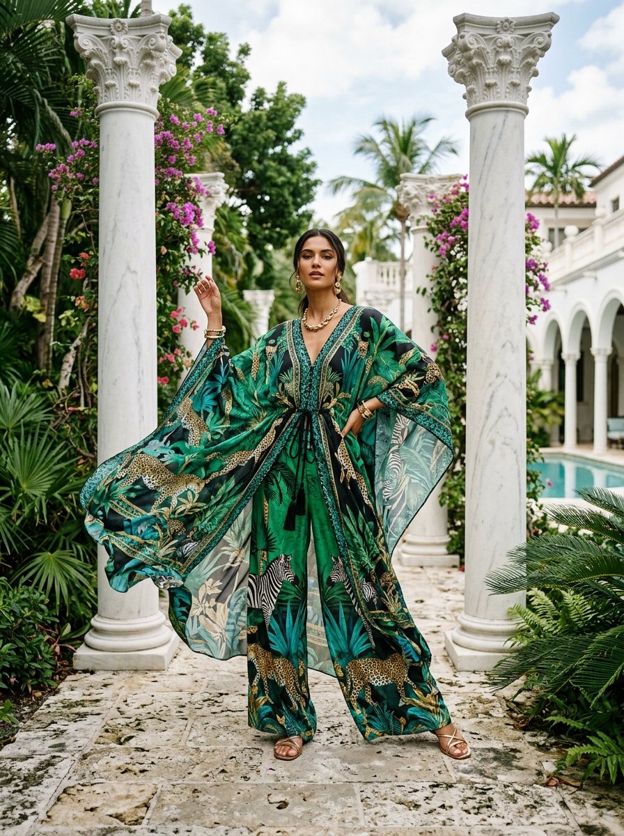 Green Multicolor Printed Kaftan Beach Cover-Up with Wide Sleeves