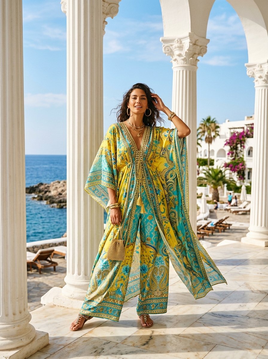 Multicolor Printed Kaftan Beachwear Set with Wide Sleeves and Trousers